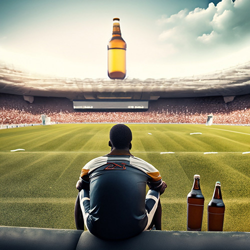 a sports fan sits alone in a stadium with a giant beer bottle hovering over it